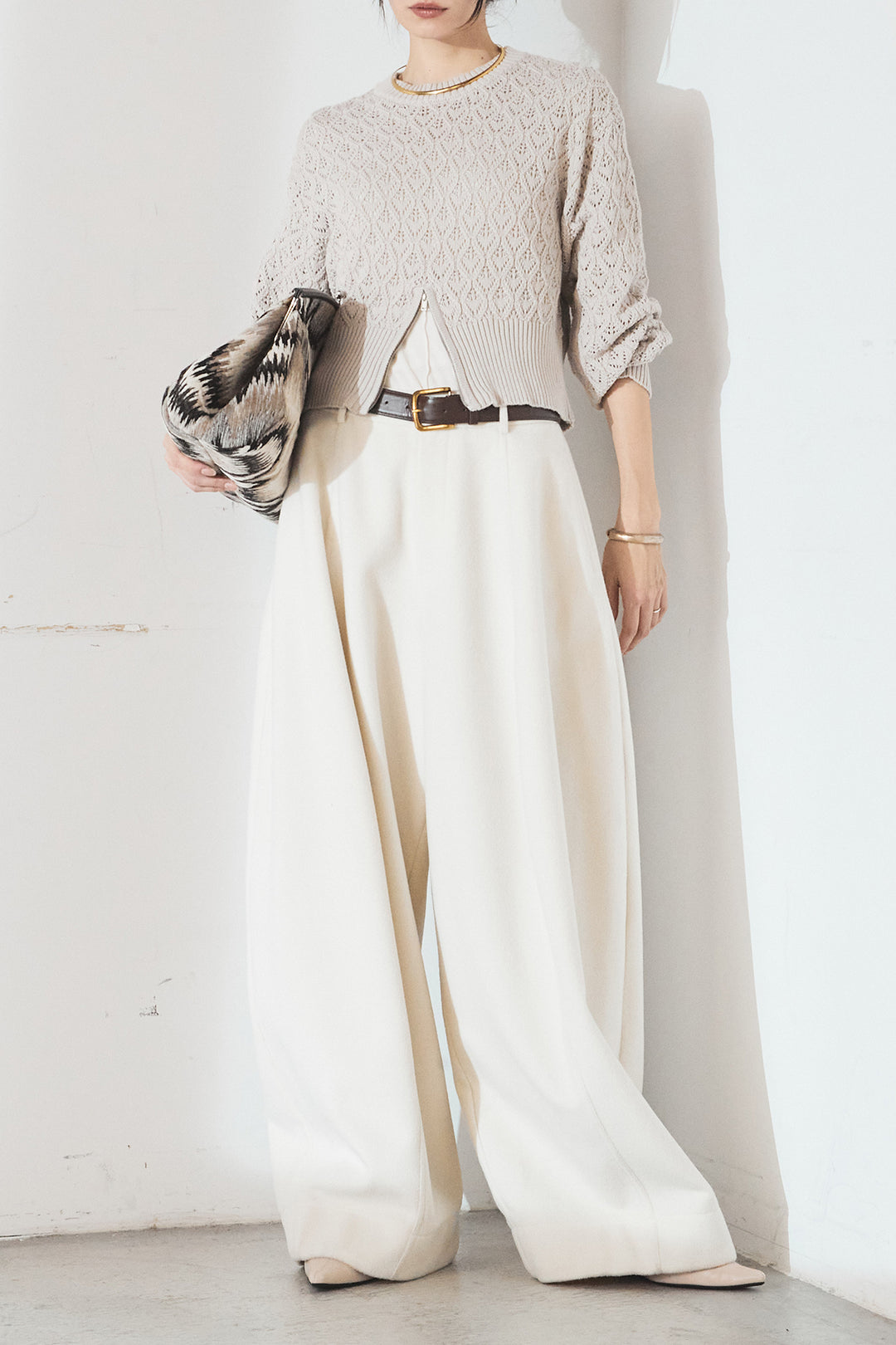 [SET]透かし編みニットジップスリットプルオーバー+ウールタッチカーブワイドパンツ(2set)