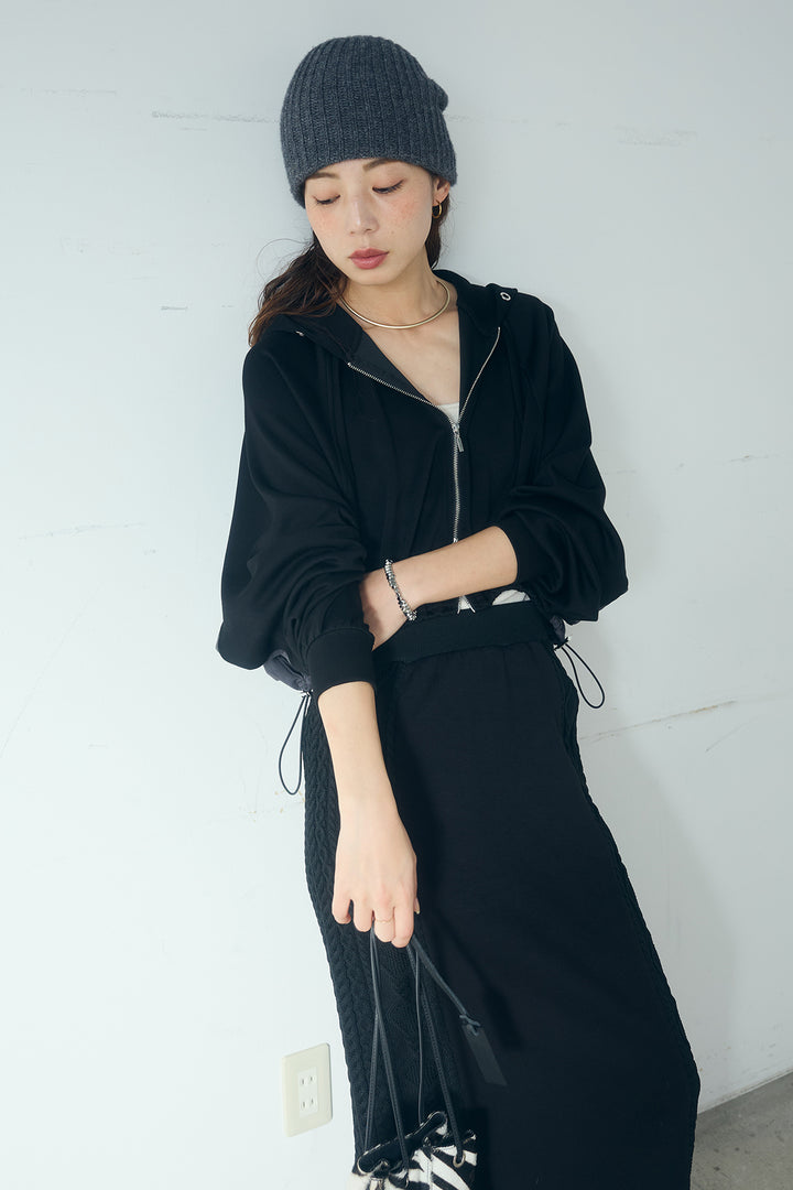 [SET]ドルマンショートフーディー+異素材ドッキングケーブルニットスカート(2set)