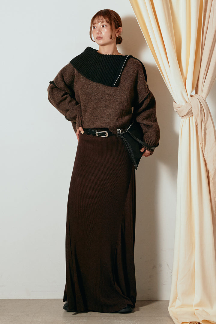 [SET]ハイネックジップデザインニットトップス+サイド切り替えリブニットロングスカート(2set)