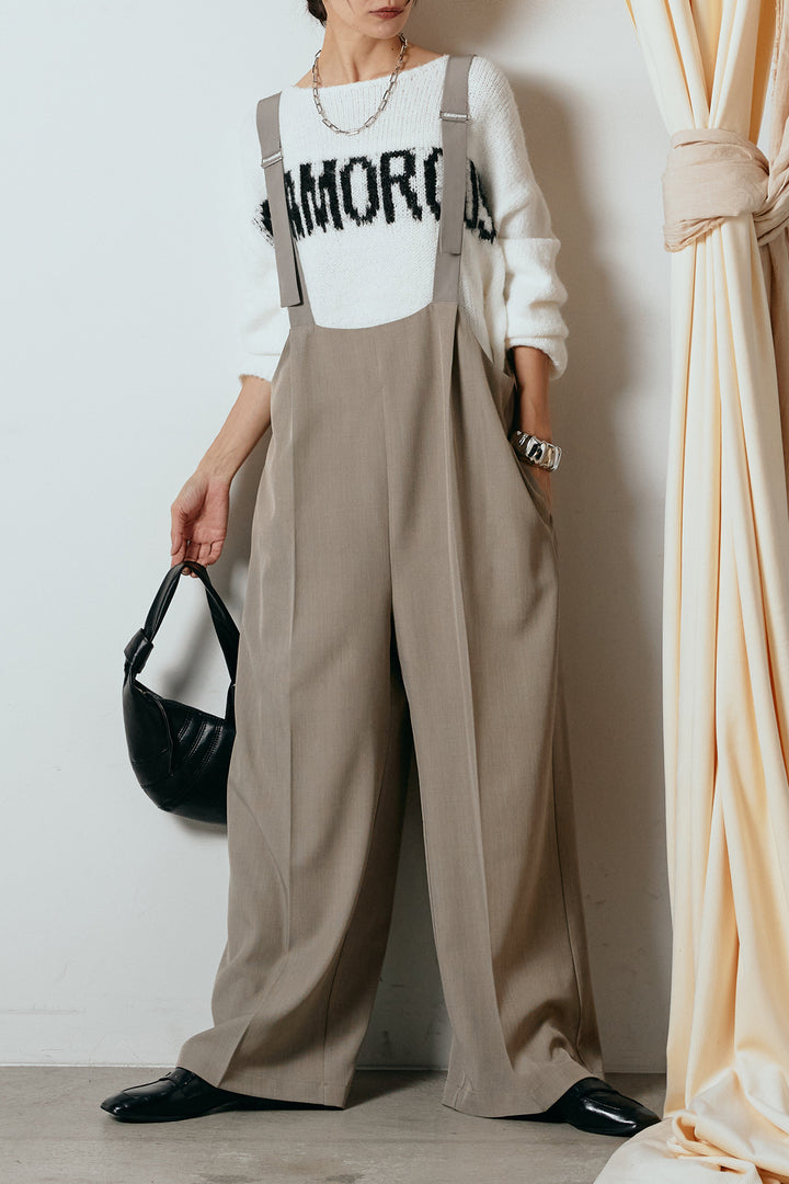 [SET]フロントロゴデザインニットトップス+ワイドツイルサロペット(2set)