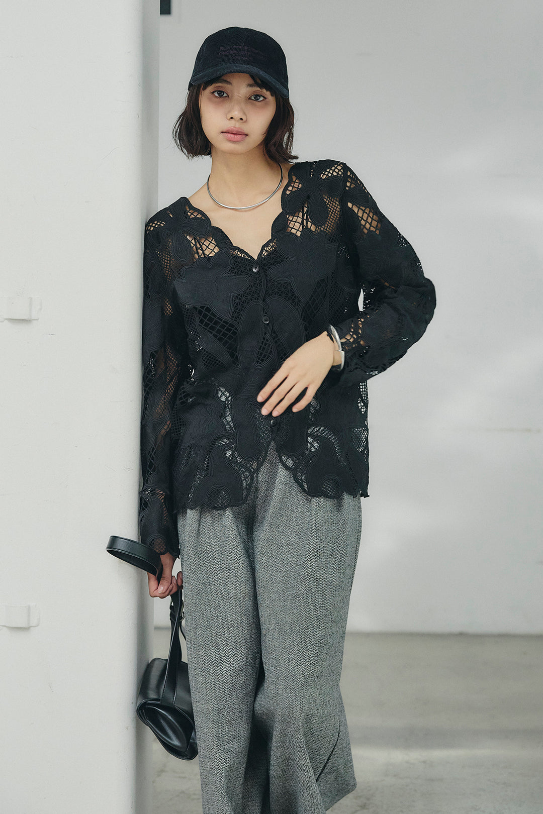 [SET]フラワー刺繍レースブラウス+サイドボタンツイードタックパンツ(2set)