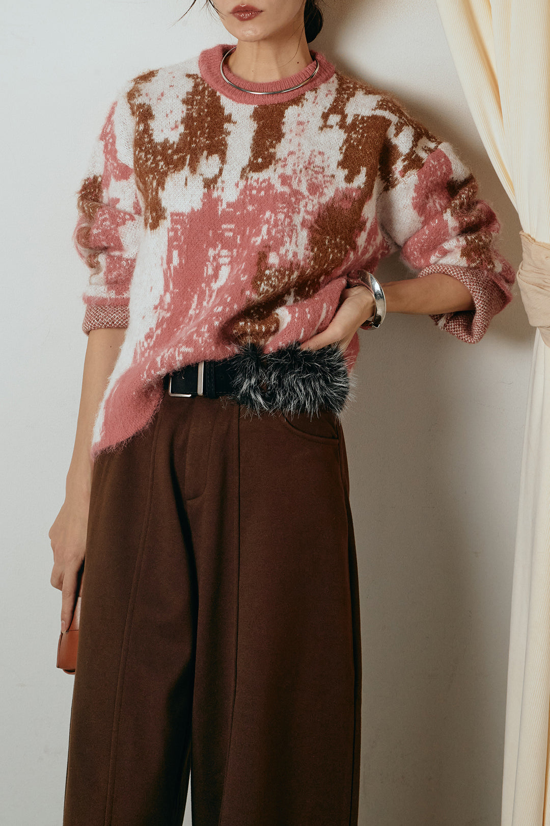 [SET]起毛ニュアンス柄ニットプルオーバー+ファーベルト付きワイドパンツ(2set)