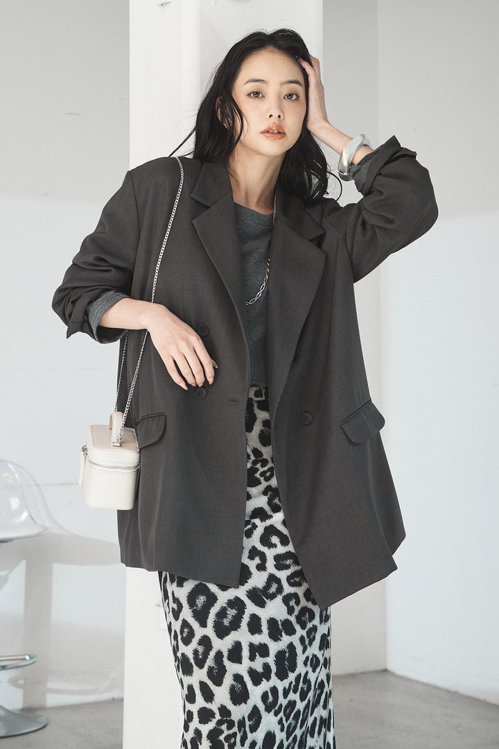 [SET]ルーズシルエットダブルテーラードジャケット+ストレッチロングTシャツ+レオパードサテンナロースカート(3set)