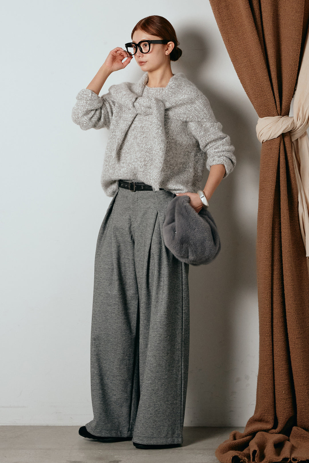 [SET]スカーフ付きミックスニットトップス+細ベルト付き起毛タックワイドパンツ(2set)