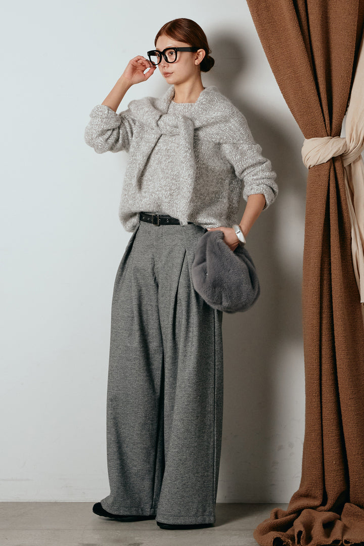 [SET]スカーフ付きミックスニットトップス+細ベルト付き起毛タックワイドパンツ(2set)