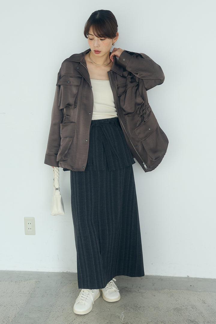 [SET]サテンライトブルゾン+ラップ巻きピンストライプワイドスカート(2set)