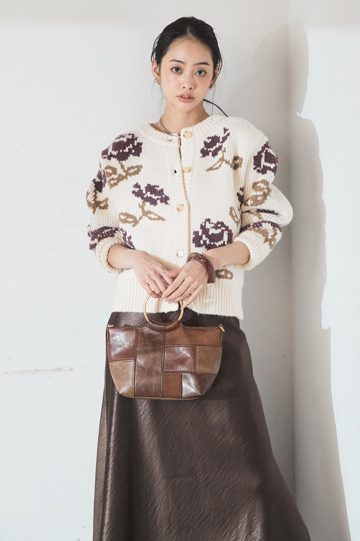 [SET]花柄ジャガードニットカーディガン+裾レースデザインサテンスカート(2set)