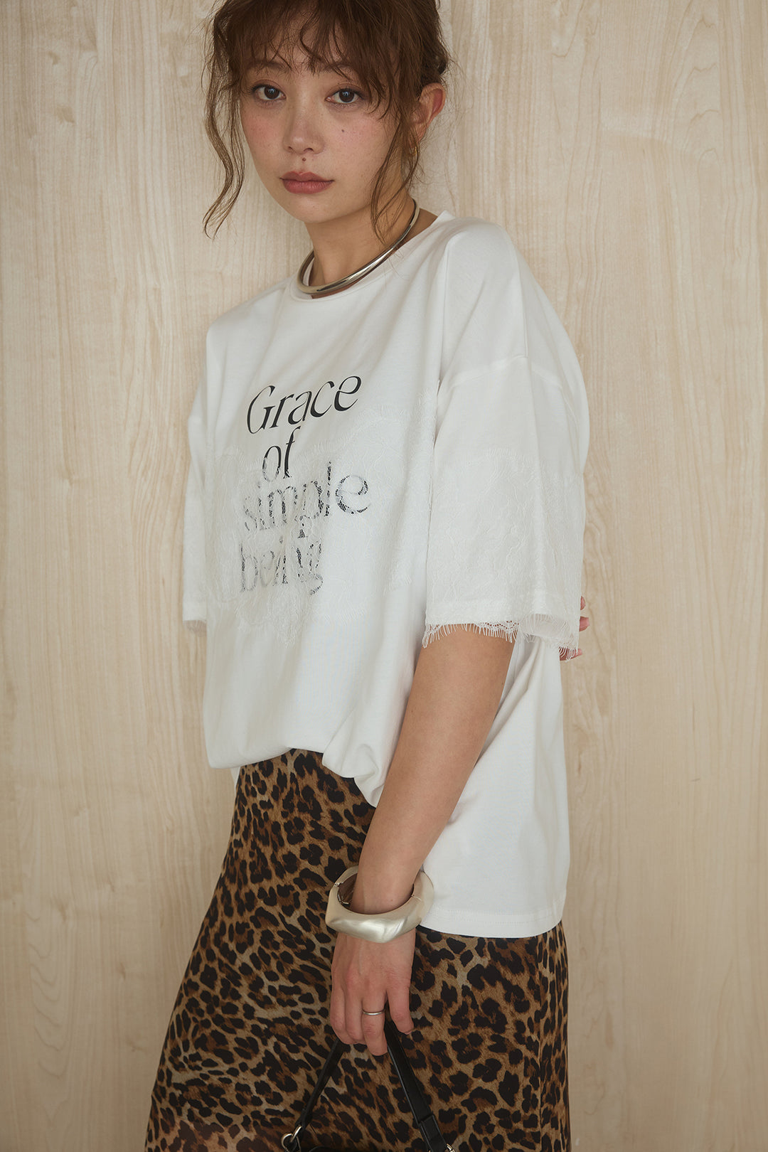 [SET]レースロゴプリントTシャツ+レオパード柄スカート(2set)