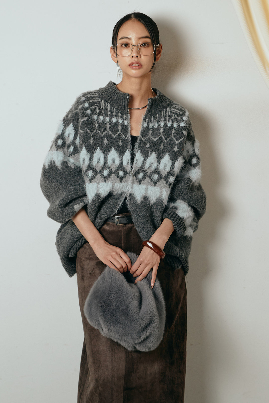 [SET]起毛ダブルジップパターンニットカーディガン+エコスウェードワイドスカート(2set)