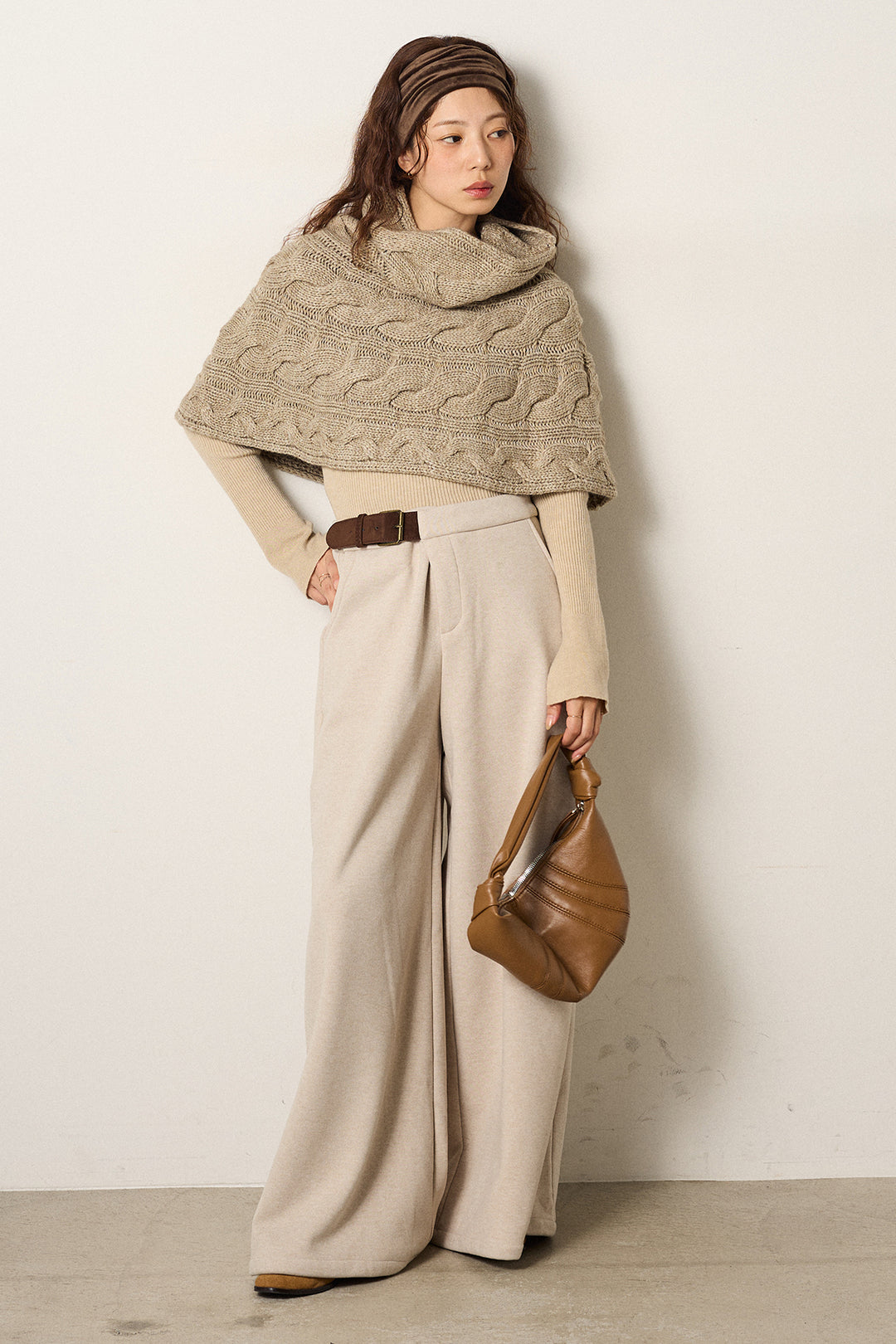 [SET]ケーブル編みケープレイヤードニット+サイドベルトパンツ(2set)