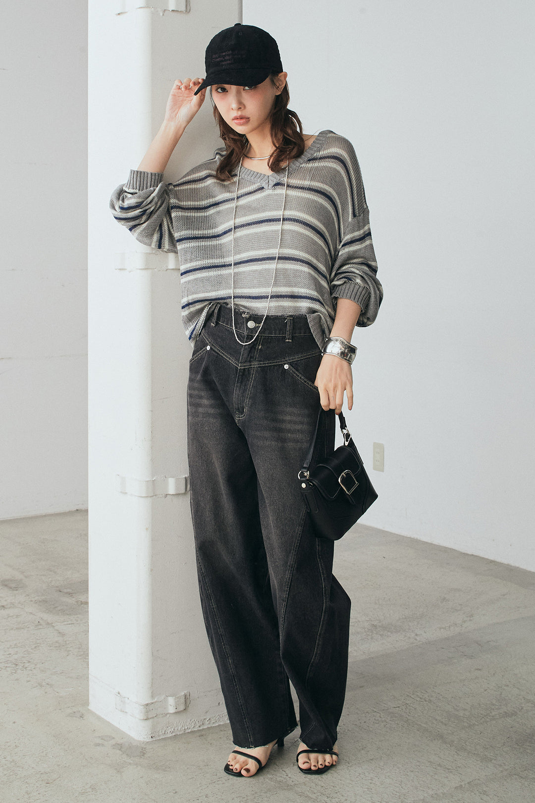 [SET]綿タッチVネックボーダートップス+デニムヨークパンツ(2set)