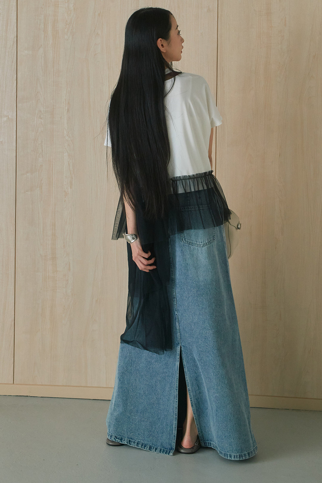 [SET]アシンメトリーチュールフリルTシャツ+デニムロングフレアスカート(2set)