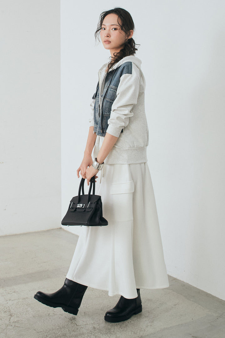 [SET]デニム切替ポンチダブルジップパーカー+リラックススウェットスカート(2set)