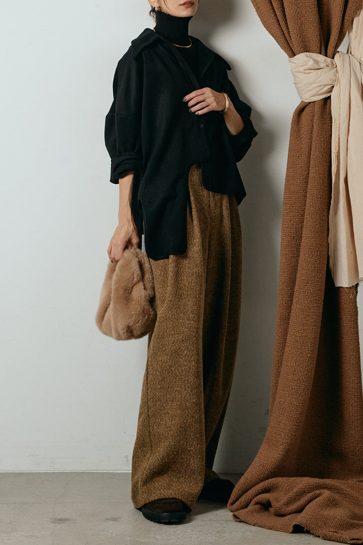 [SET]裾アシンメトリーデザインシャツ+タックツイードワイドパンツ(2set)
