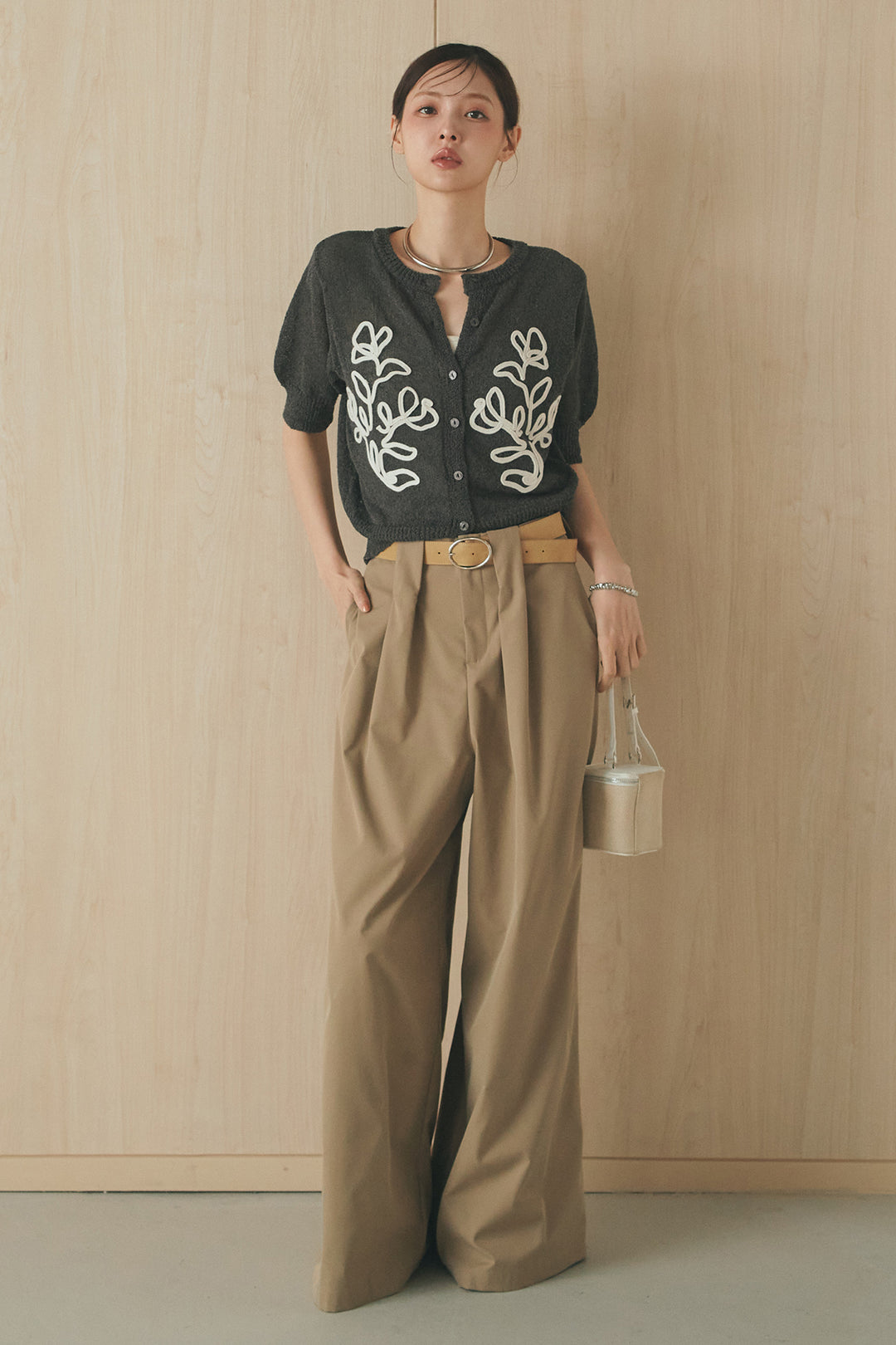 [SET]フロントテープデザイン半袖カーディガン+ベルトループデザインハイウエストタックパンツ(2set)