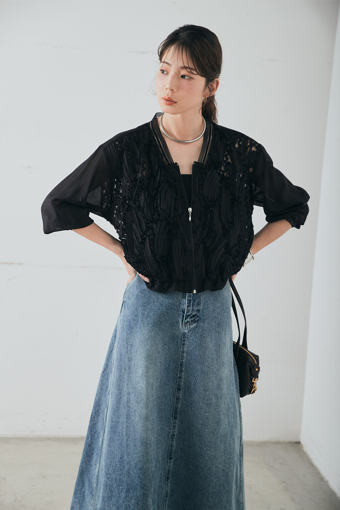 [SET]モチーフ付きシアーブルゾン+デニムロングフレアスカート(2set)