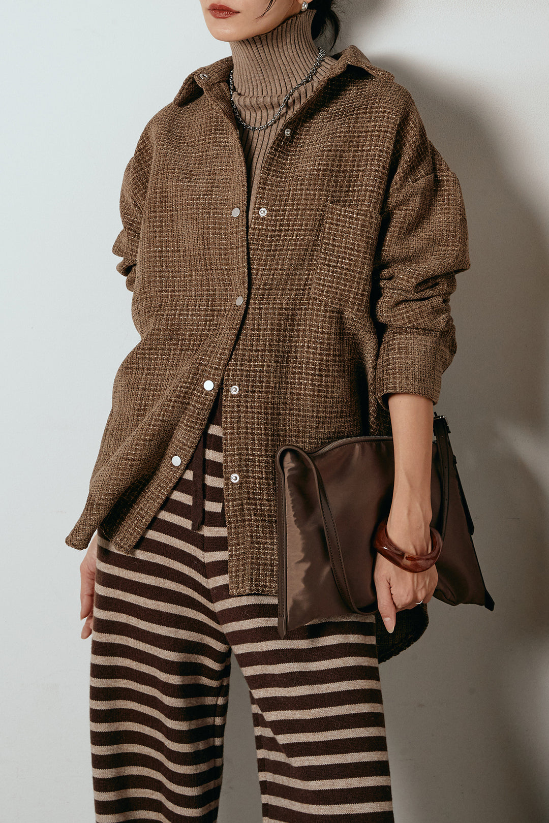 [SET]ルーズクラッシュツイルシャツ+ボーダーリラックスニットパンツ(2set)