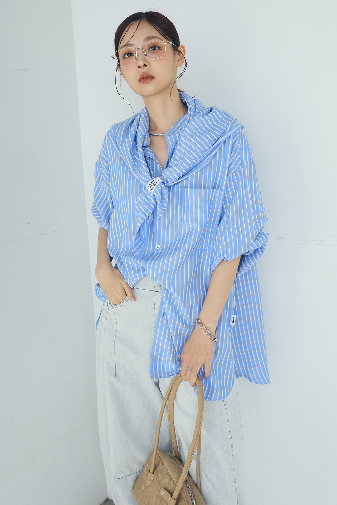 [SET]レーヨンストライプスカーフ+レーヨンストライプバンドカラー長袖シャツ(2set)