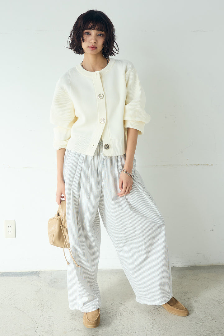 [SET]スポンディッシュBIGボタンクルーネックカーディガン+ランダムストライプタックギャザーパンツ(2set)