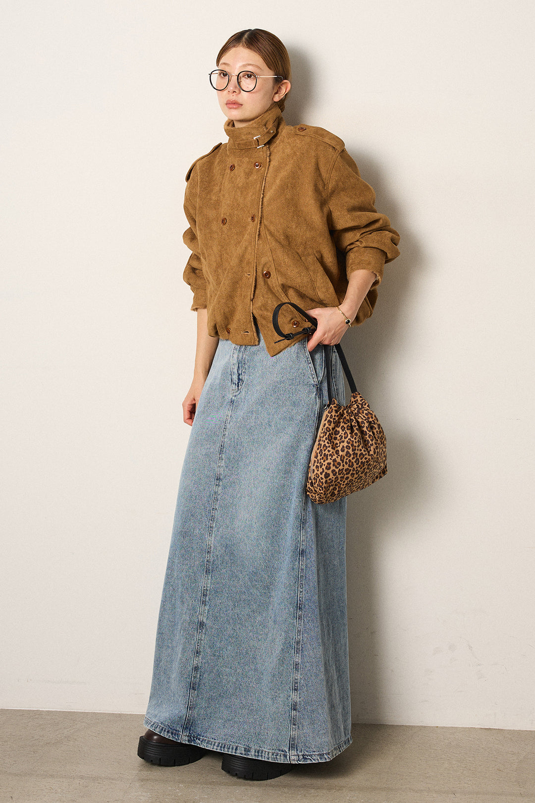 [SET]スタンド襟スウェードライクアウター+デニムロングフレアスカート(2set)
