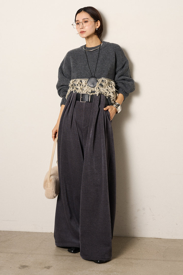 [SET]ループ編み切り替えニットプルオーバー+ベルトループコーデュロイワイドパンツ(2set)