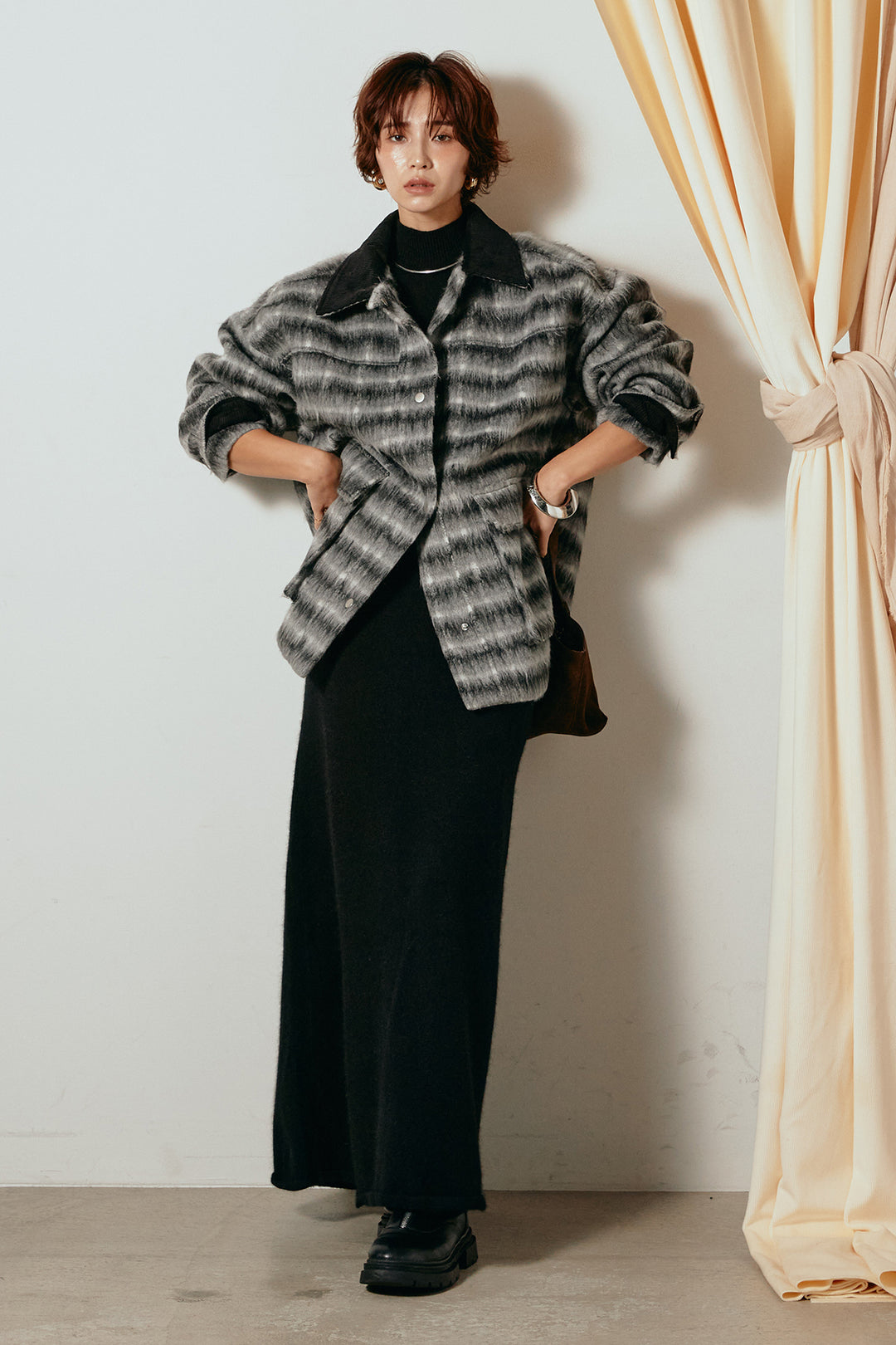 [SET]チェックシャギーミドルカバーオール+ノースリーブニットロングワンピース(2set)