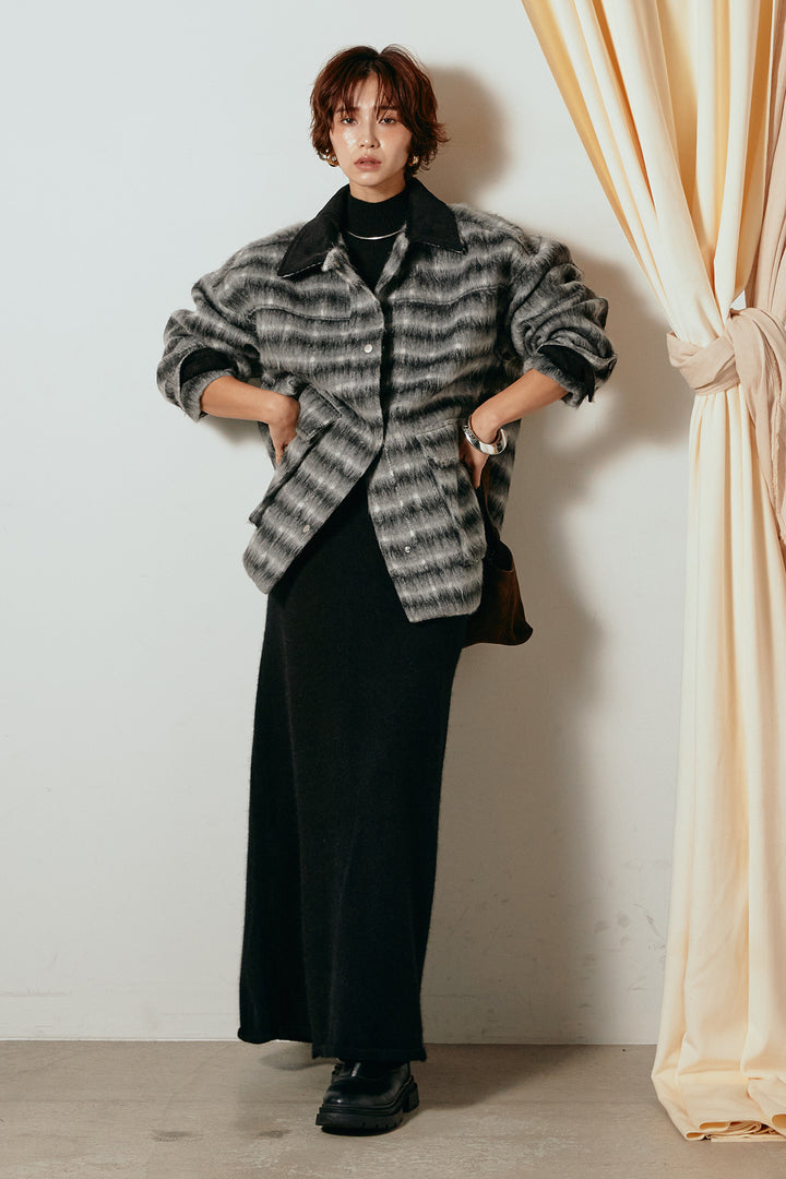 [SET]チェックシャギーミドルカバーオール+ノースリーブニットロングワンピース(2set)