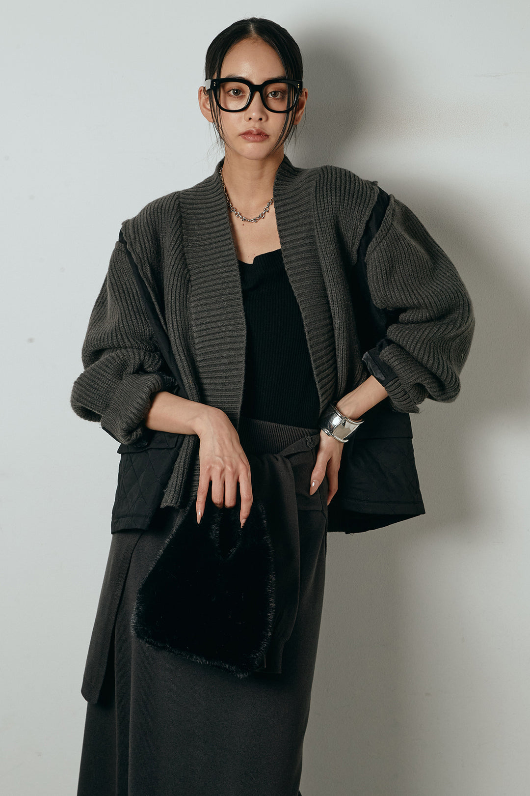 [SET]キルティング切り替えニットカーディガン+ウエストラップ巻きニットスカート(2set)