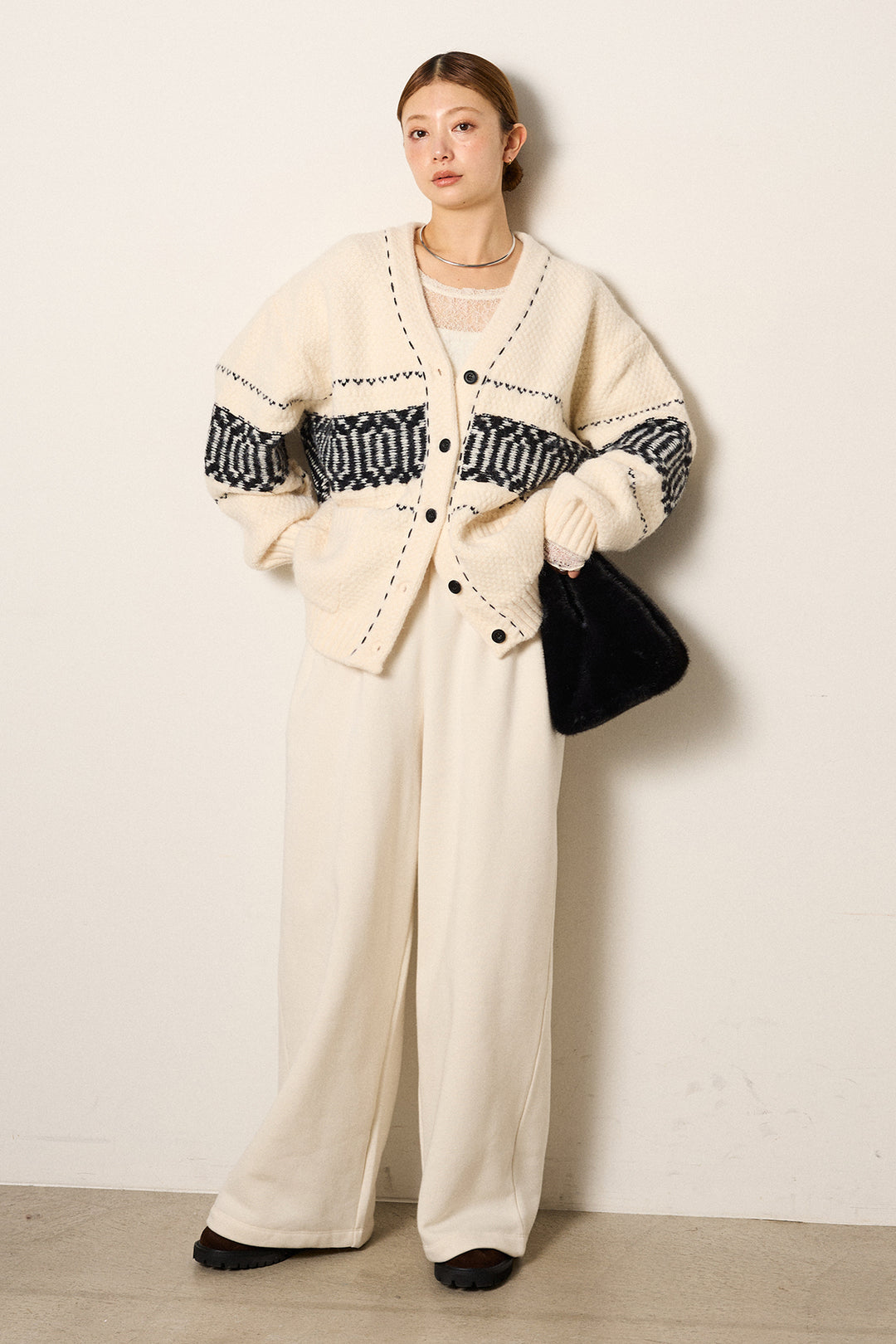 [SET]ライン柄ステッチニットカーディガン+裏起毛スウェットワイドパンツ(2set)