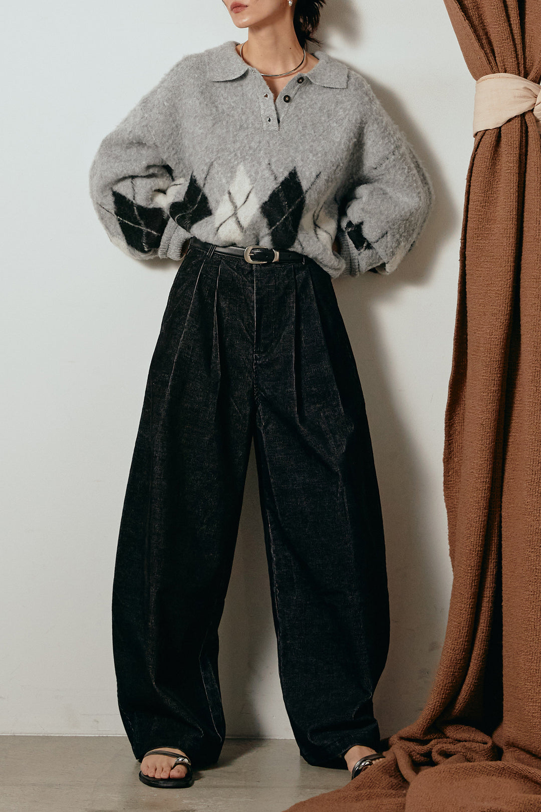 [SET]アーガイル柄ポロニットトップス+フロントタック入りコーデュロイパンツ(2set)