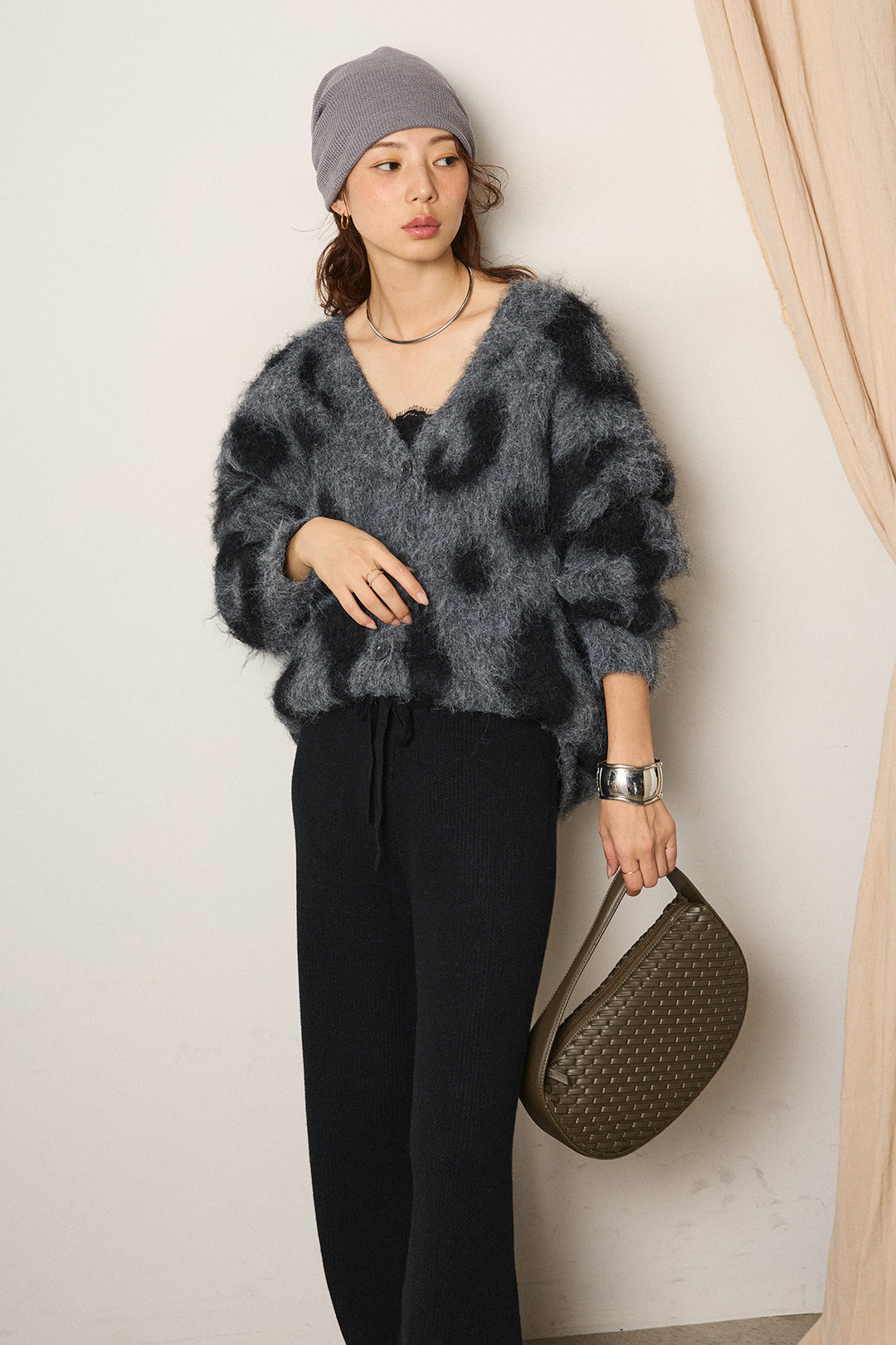 [SET]レオパードシャギータッチカーディガン+レースサテンキャミソール(2set)