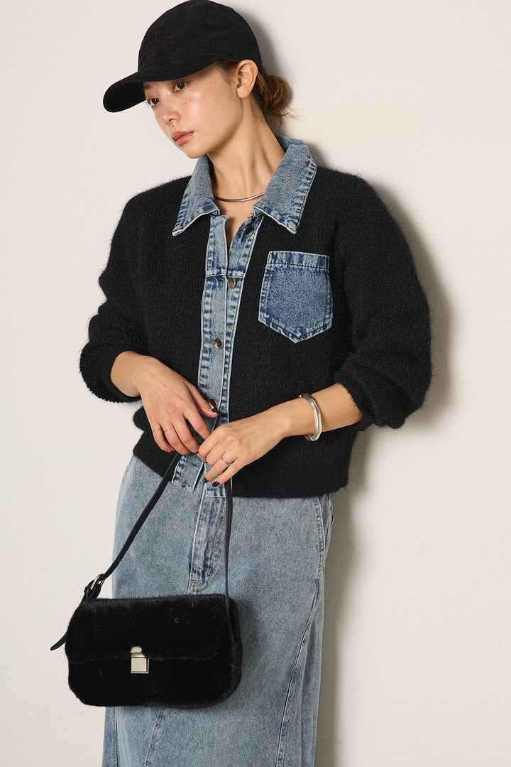 [SET]襟付きデニム切替ニットカーディガン+デニムロングフレアスカート(2set)