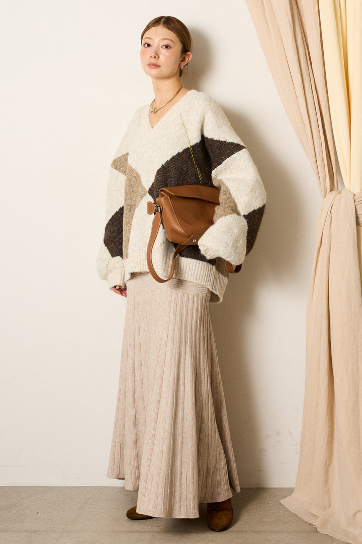 【着回しセット】[SET]ルーズアーガイルVネックニット+編み地切り替えフレアニットスカート+編み地切り替えフレアニットスカート(3set)