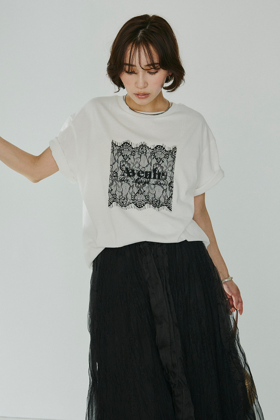 [SET]レースロゴ刺繍Tシャツ+レースコンビワッシャーギャザースカート(2set)