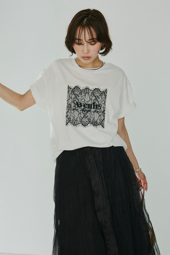 [SET]レースロゴ刺繍Tシャツ+レースコンビワッシャーギャザースカート(2set)