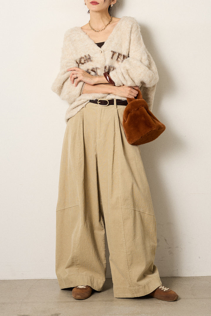 [SET]ウール混透かしロゴニットカーディガン+タック入りコーデュロイワイドパンツ(2set)