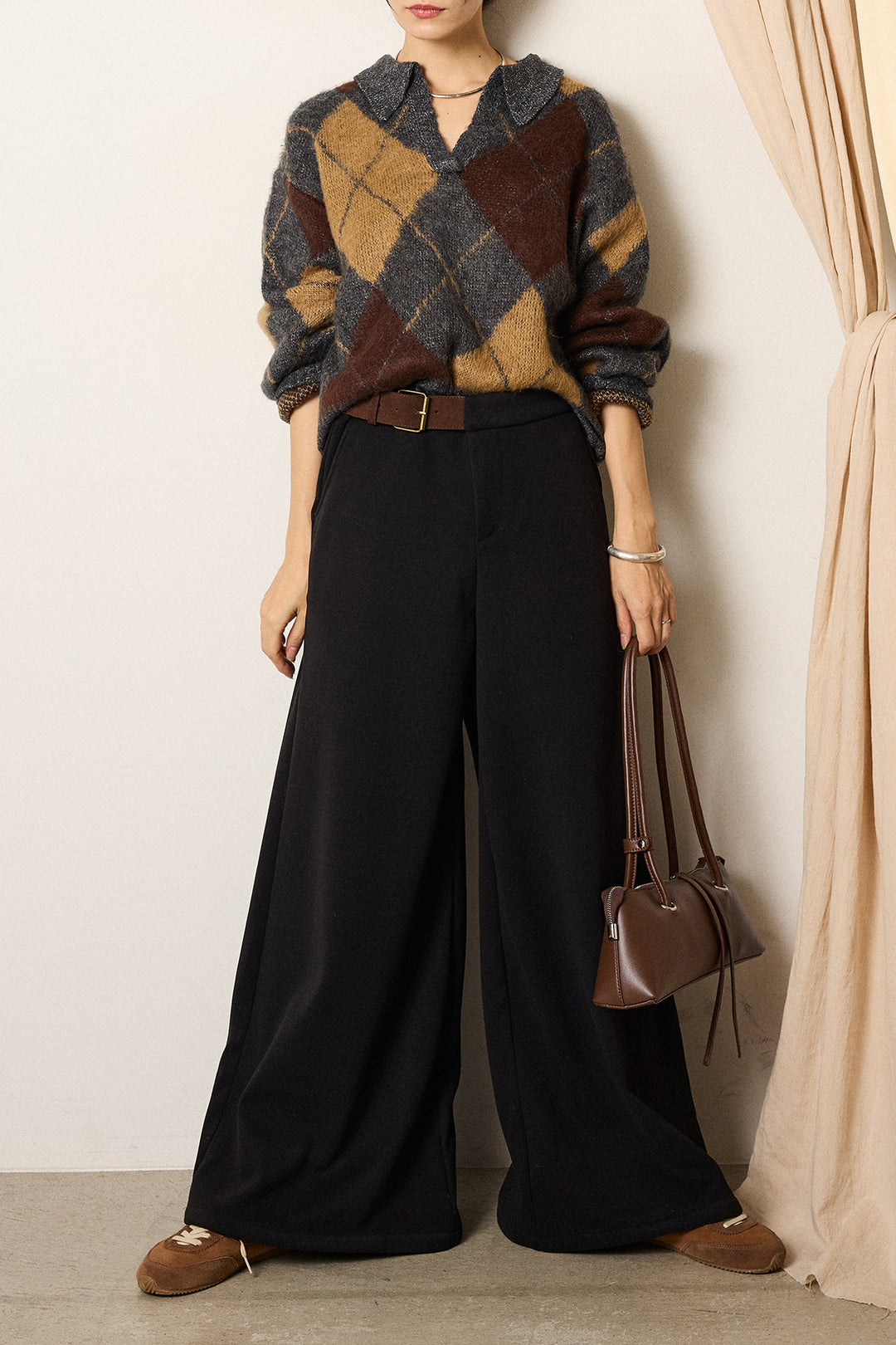 [SET]アクリルモヘアアーガイルキーネックプルオーバー+サイドベルトパンツ(2set)