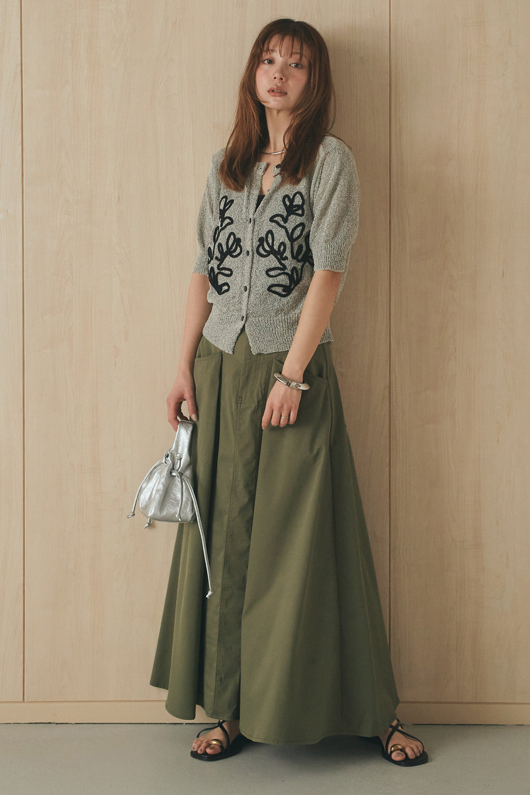 [SET]フロントテープデザイン半袖カーディガン+ミリタリーツイルタックフレアスカート(2set)