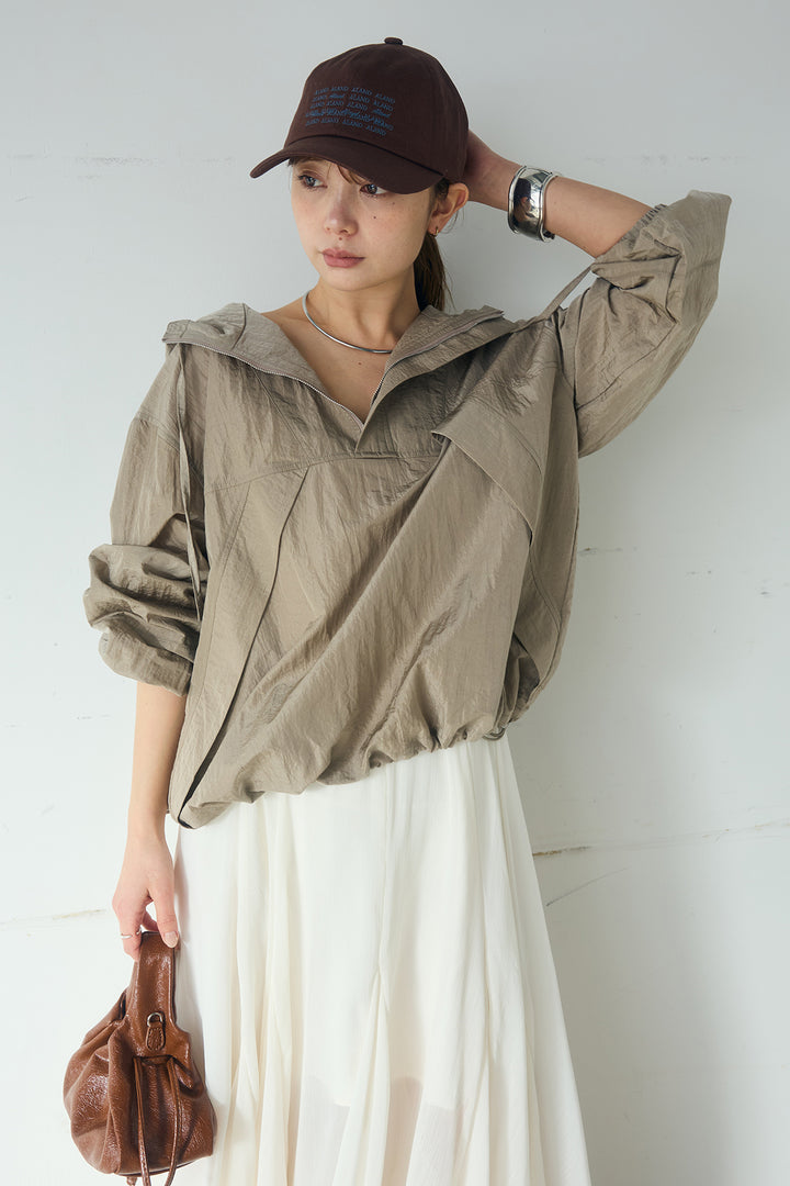 [SET]ナイロンフーディーブルゾンアウター+シアーフリルキャミワンピース(2set)