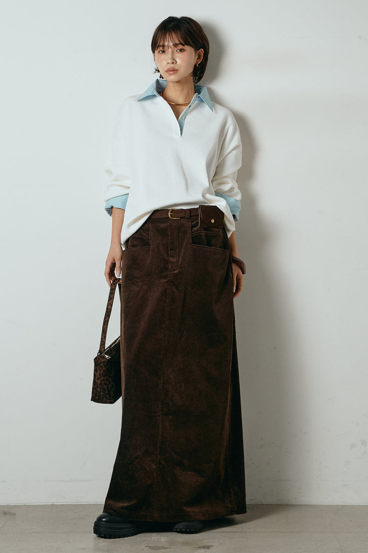 [SET]ストライプシャツドッキングポロトップス+ポーチベルト付きコーデュロイワイドスカート(2set)