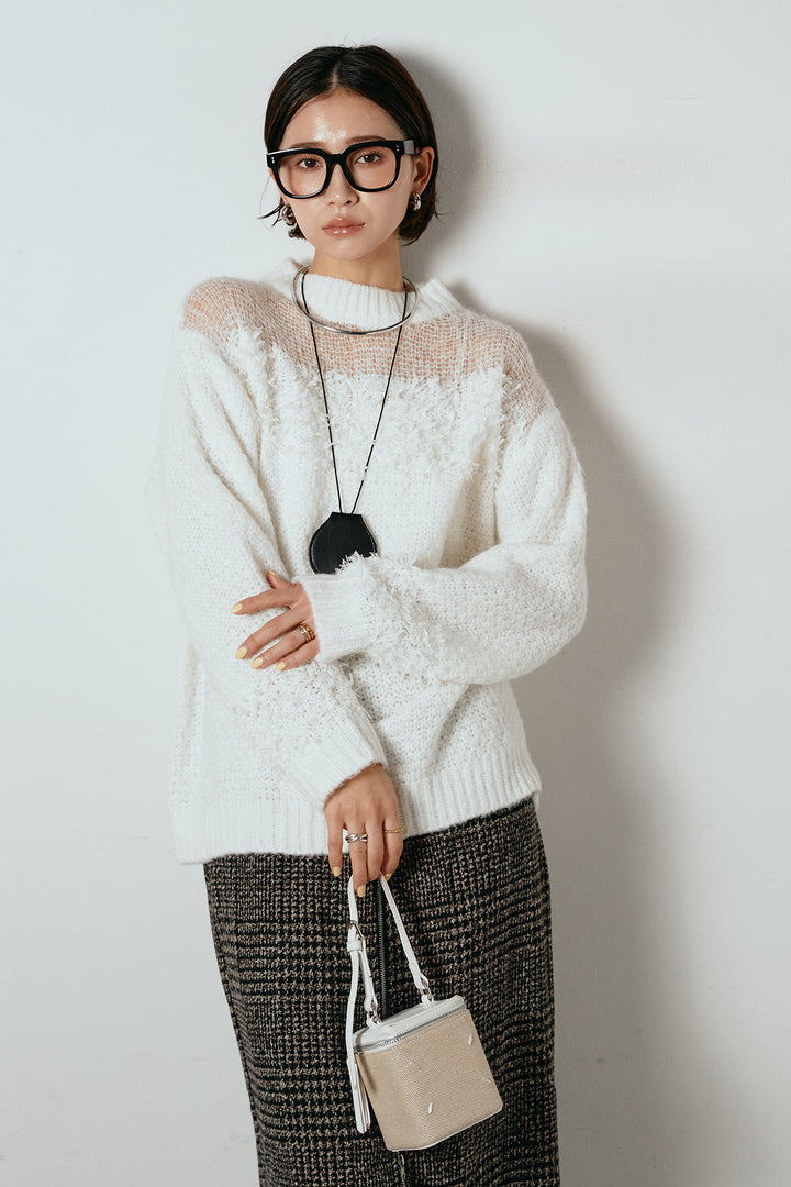 [SET]パターンランダム編みニットトップス+グレンチェック柄フロントジップタイトスカート(2set)