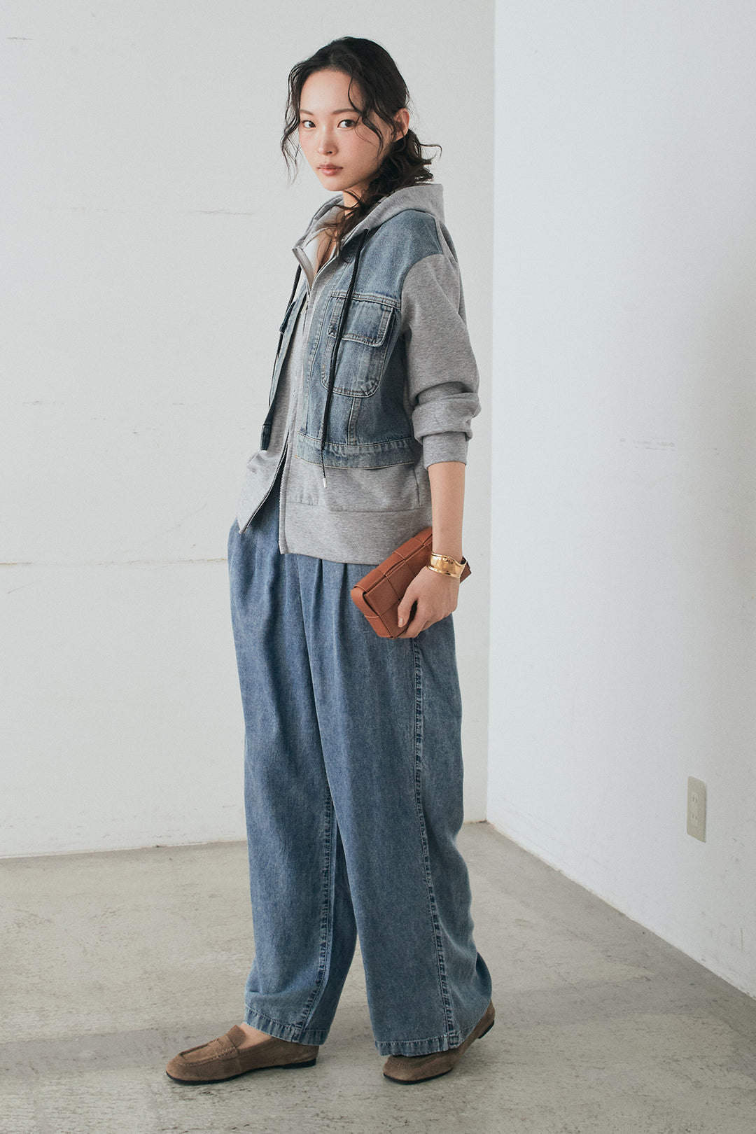 [SET]デニム切替ポンチダブルジップパーカー+テンセルデニムイージーワイドパンツ(2set)