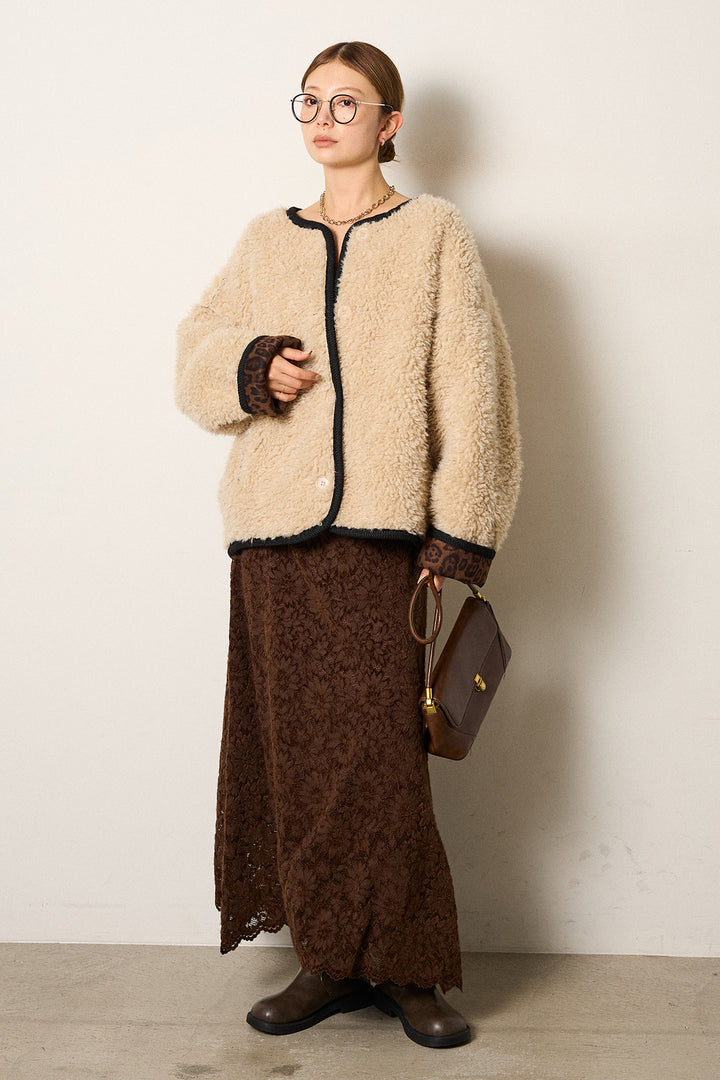 [SET]ノーカラー裏地レオパードボアアウター+花柄刺繍ベロアフレアスカート(2set)