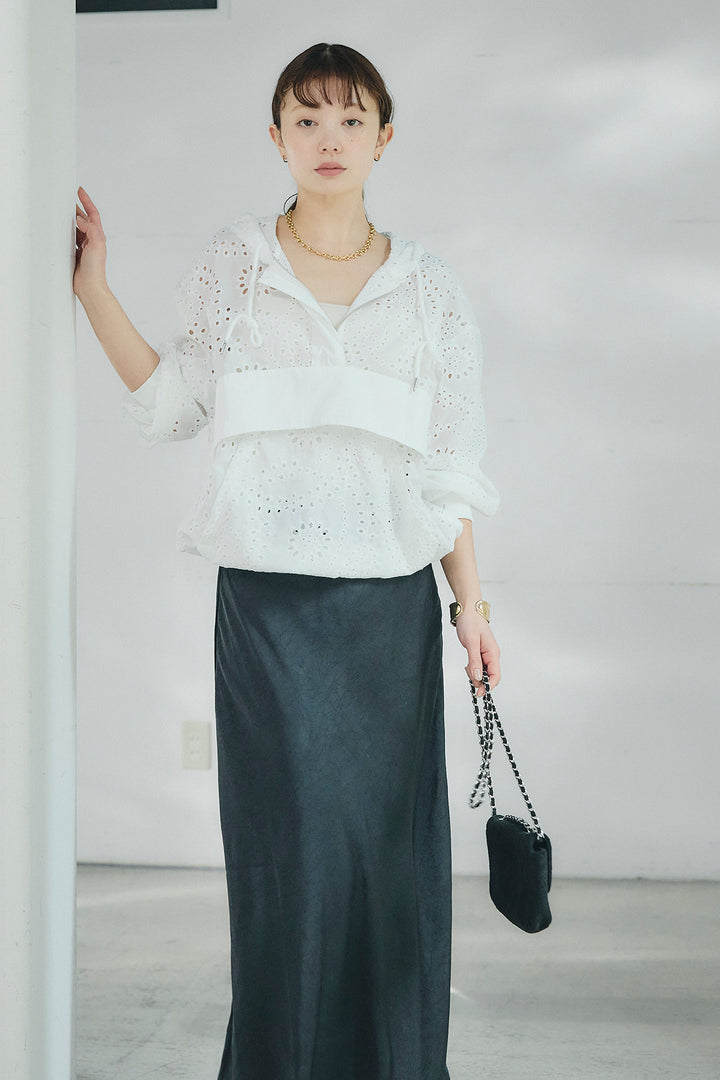 [SET]レースハーフジップアップフーディー+バイアスナローサテンスカート(2set)