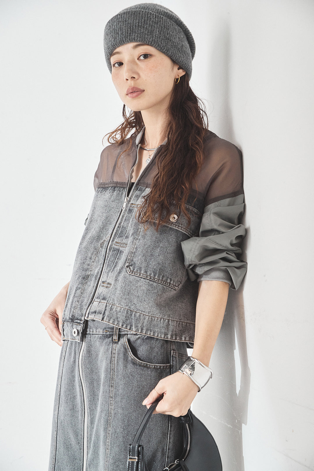 [SET]デニムコンビネーションブルゾン+フロントジップデニムスカート(2set)
