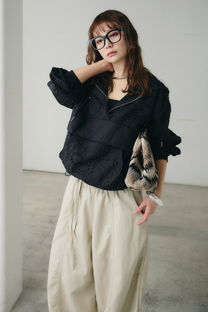 [SET]レースハーフジップアップフーディー+フェイクレザーカーブワイドパンツ(2set)