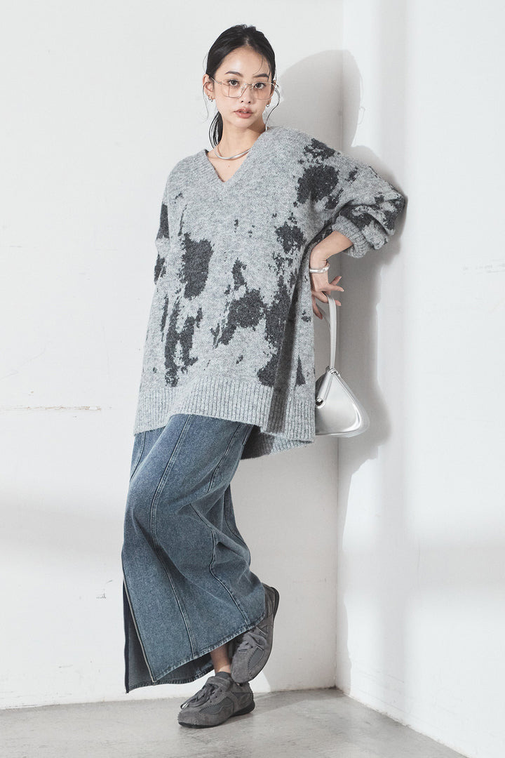 [SET]アブストラクト柄ニットプルオーバー+フロントジップデニムスカート(2set)