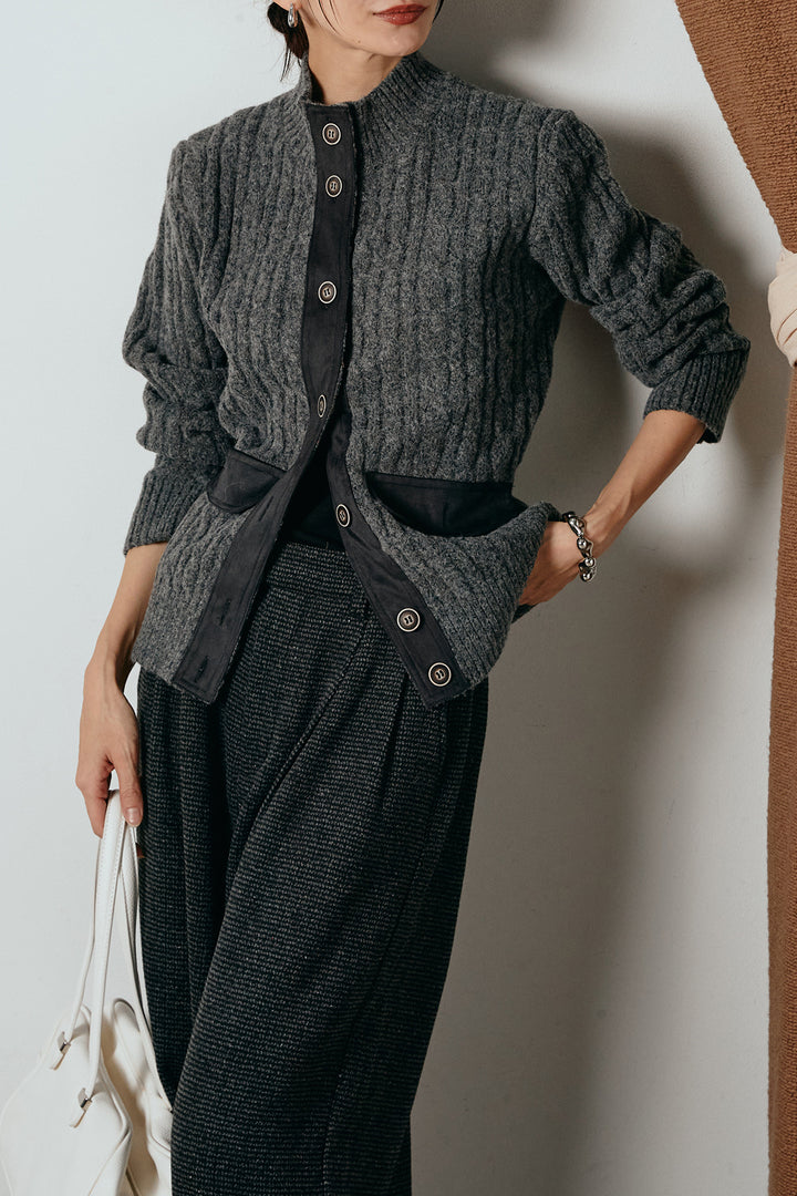 [SET]ボトルネックケーブルニットカーディガン+起毛タック入りツイードワイドパンツ(2set)