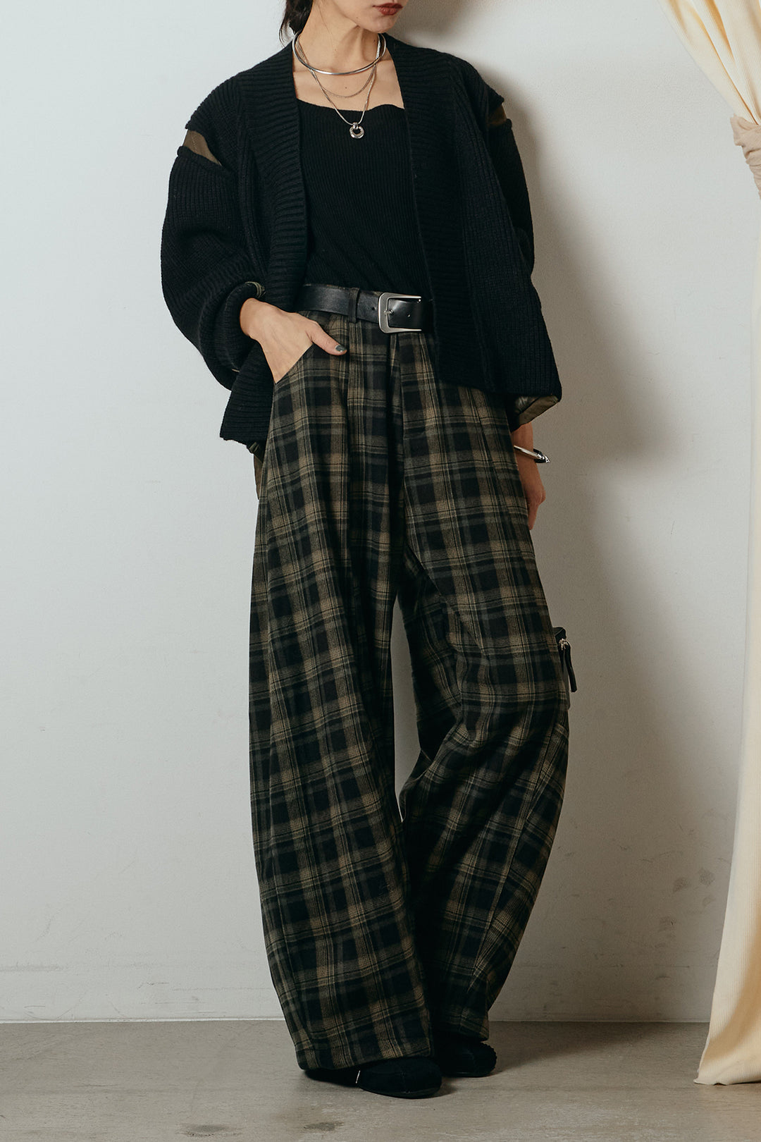 [SET]キルティング切り替えニットカーディガン+ベルト付きタータンチェックカーブワイドパンツ(2set)