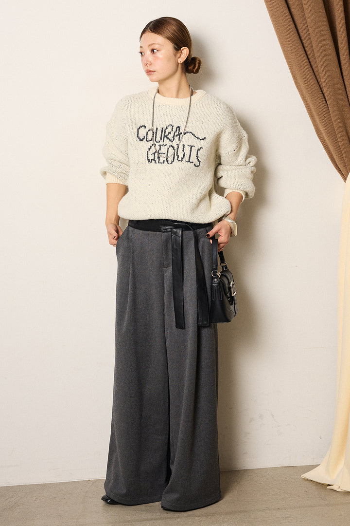 [SET]ロゴシャギーニットプルオーバー+巻ベルトウエストレザーライクワイドパンツ(2set)